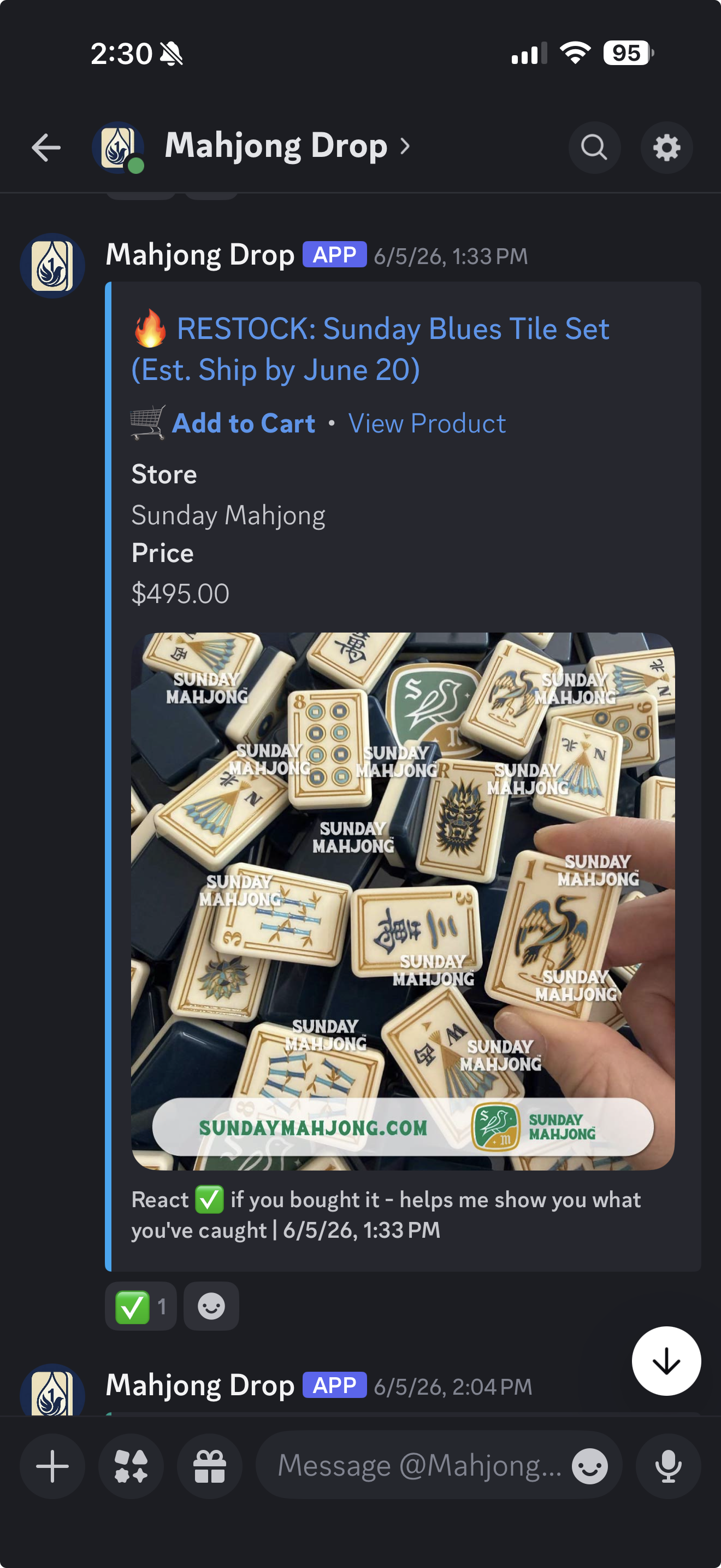 Example Mahjong Drop restock notification in Discord